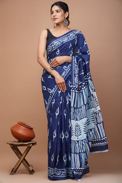 Printed Pure Cotton Mulmul Saree With Blouse