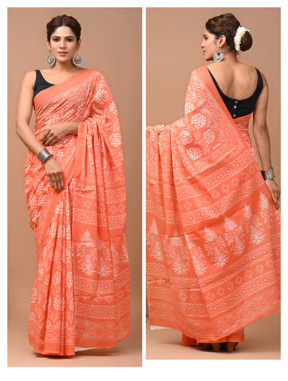 Printed Pure Cotton Mulmul Saree With Blouse