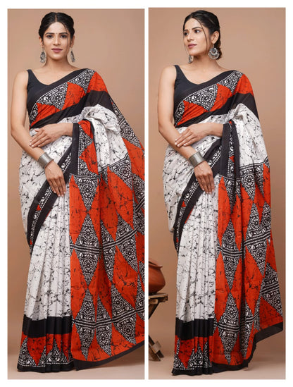 Printed Pure Cotton Mulmul Saree With Blouse