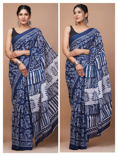 Printed Pure Cotton Mulmul Saree With Blouse