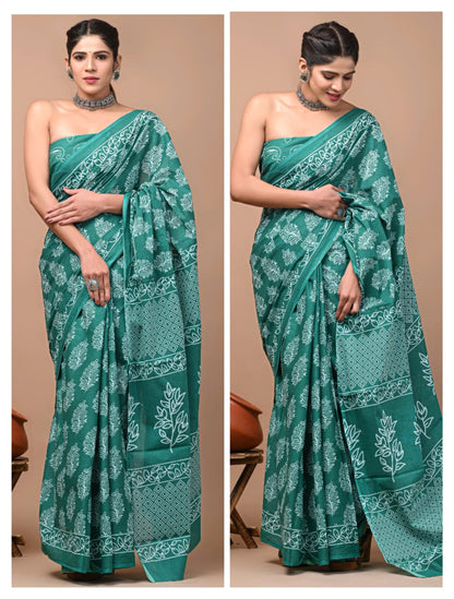 Printed Pure Cotton Mulmul Saree With Blouse