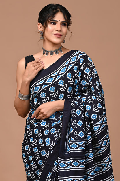 Jaipuri Printed Pure Cotton Mulmul Saree With Blouse