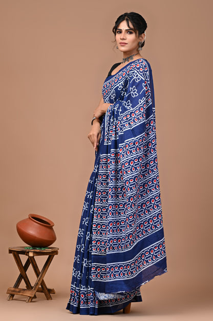 Jaipuri Printed Pure Cotton Mulmul Saree With Blouse