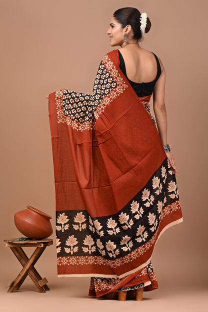 Jaipuri Printed Pure Cotton Mulmul Saree With Blouse