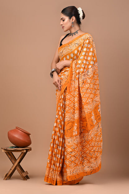 Jaipuri Printed Pure Cotton Mulmul Saree With Blouse