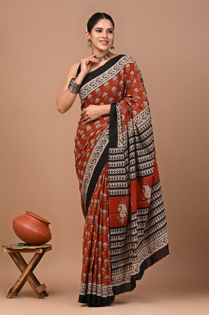 Jaipuri Printed Pure Cotton Mulmul Saree With Blouse