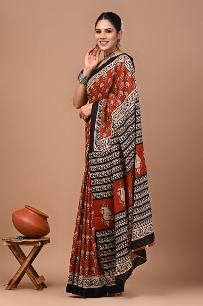 Jaipuri Printed Pure Cotton Mulmul Saree With Blouse