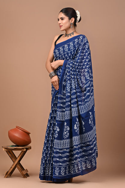 Jaipuri Printed Pure Cotton Mulmul Saree With Blouse