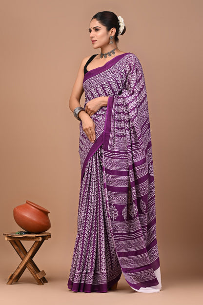 Jaipuri Printed Pure Cotton Mulmul Saree With Blouse