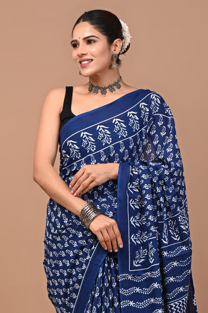 Jaipuri Printed Pure Cotton Mulmul Saree With Blouse