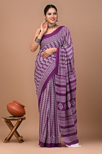 Jaipuri Printed Pure Cotton Mulmul Saree With Blouse