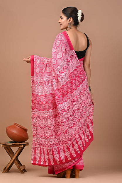 Jaipuri Printed Pure Cotton Mulmul Saree With Blouse