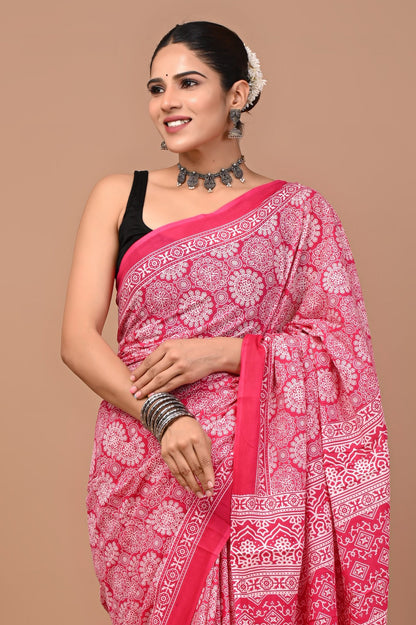Jaipuri Printed Pure Cotton Mulmul Saree With Blouse