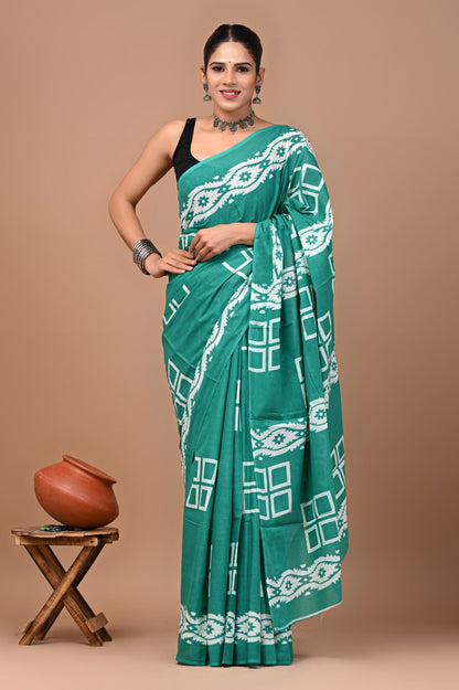 Jaipuri Printed Pure Cotton Mulmul Saree With Blouse