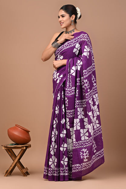 Jaipuri Printed Pure Cotton Mulmul Saree With Blouse