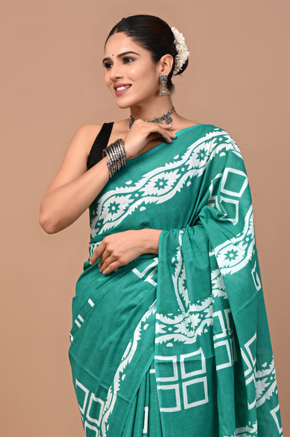 Jaipuri Printed Pure Cotton Mulmul Saree With Blouse