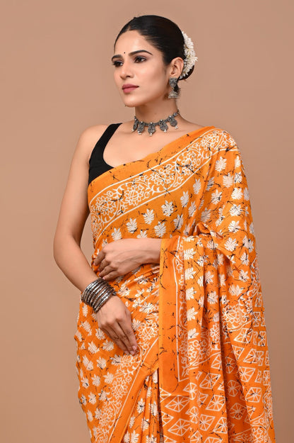 Jaipuri Printed Pure Cotton Mulmul Saree With Blouse