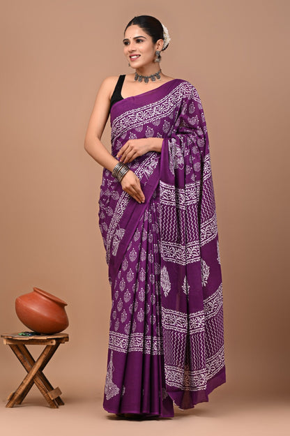 Jaipuri Printed Pure Cotton Mulmul Saree With Blouse