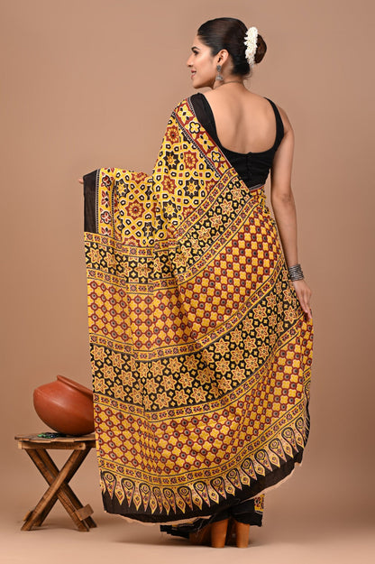 Jaipuri Printed Pure Cotton Mulmul Saree With Blouse