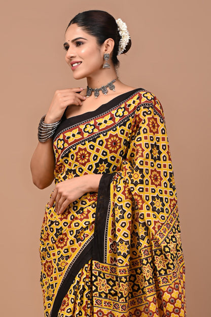 Jaipuri Printed Pure Cotton Mulmul Saree With Blouse