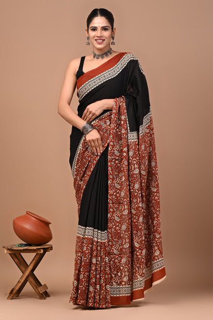 Jaipuri Printed Pure Cotton Mulmul Saree With Blouse