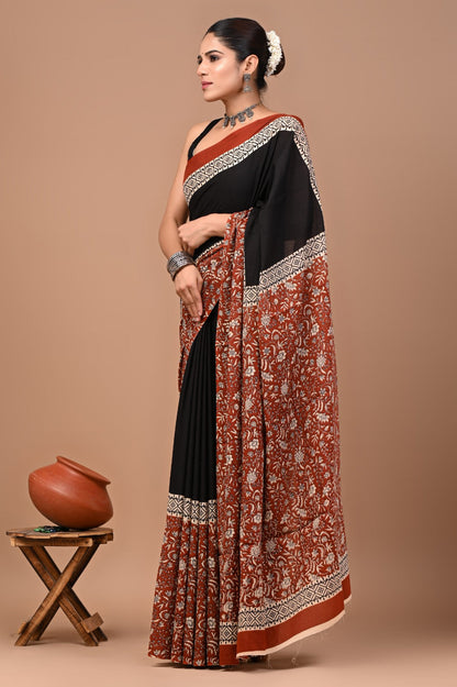 Jaipuri Printed Pure Cotton Mulmul Saree With Blouse