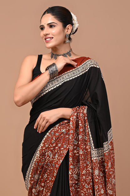 Jaipuri Printed Pure Cotton Mulmul Saree With Blouse