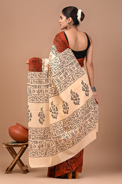 Jaipuri Printed Pure Cotton Mulmul Saree With Blouse