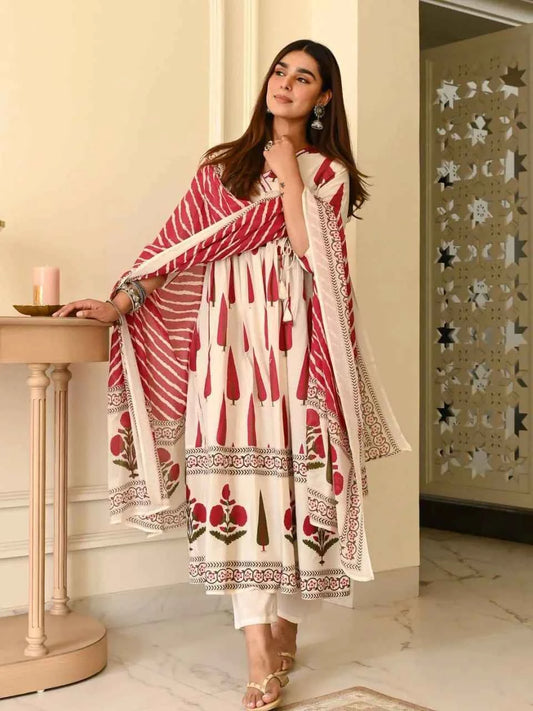 Ivory & Red Printed Pure Cotton Kurta Set with Dupatta