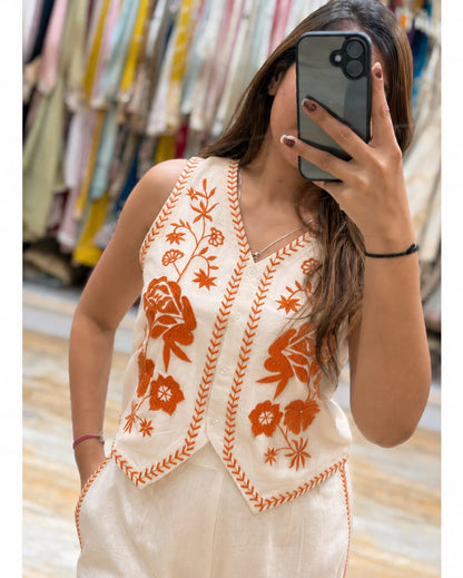 Cream Cotton Flex Embroidered Co-Ord Set