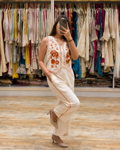 Cream Cotton Flex Embroidered Co-Ord Set