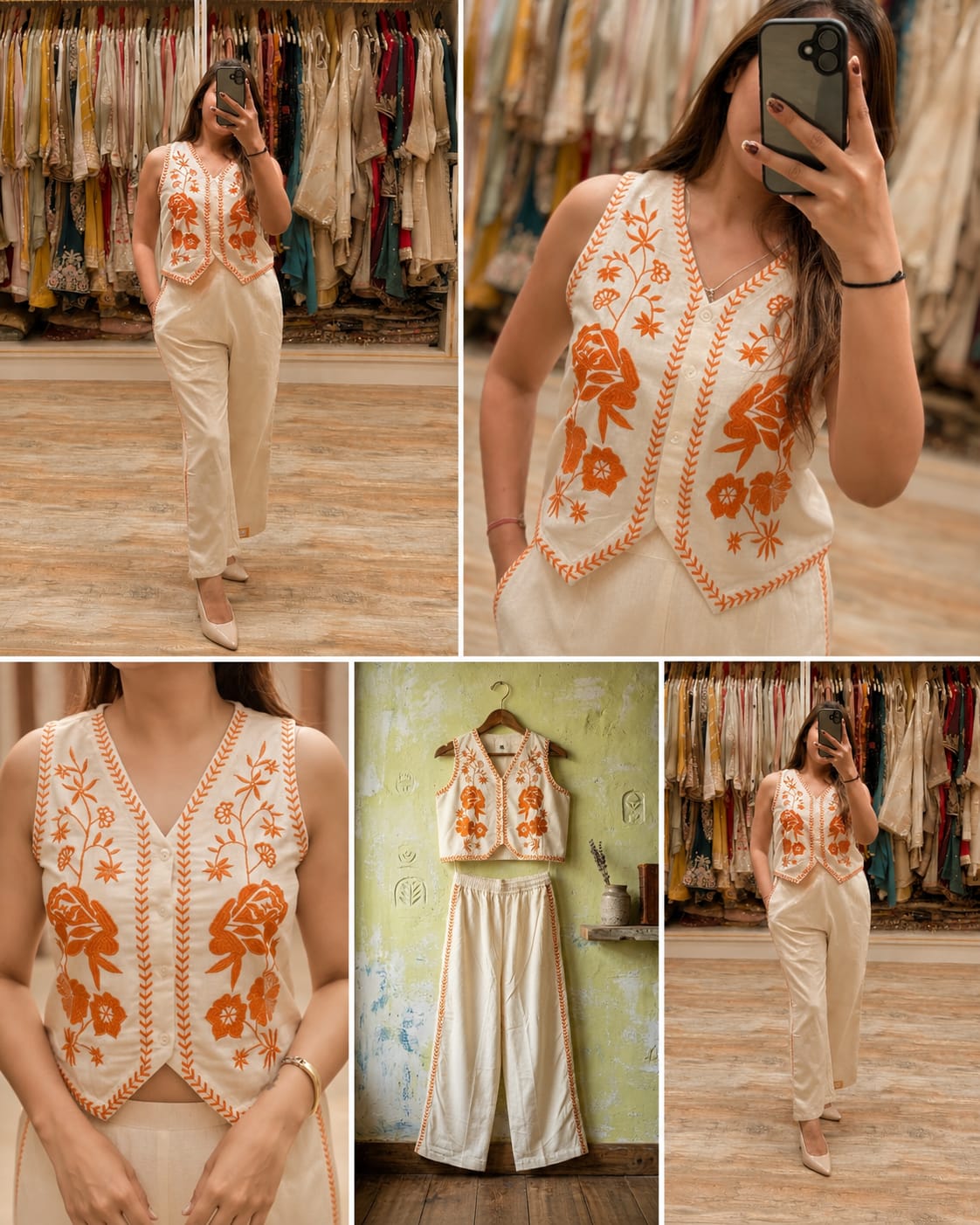 Cream Cotton Flex Embroidered Co-Ord Set