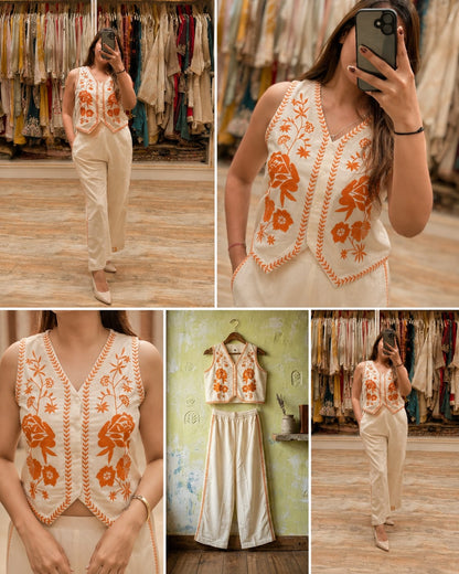 Cream Cotton Flex Embroidered Co-Ord Set