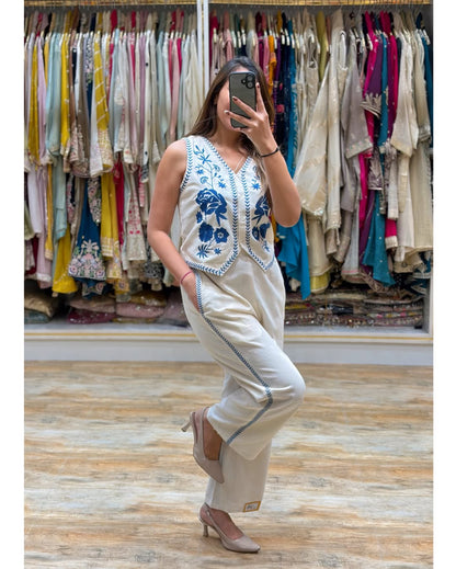 Cream Cotton Flex Embroidered Co-Ord Set