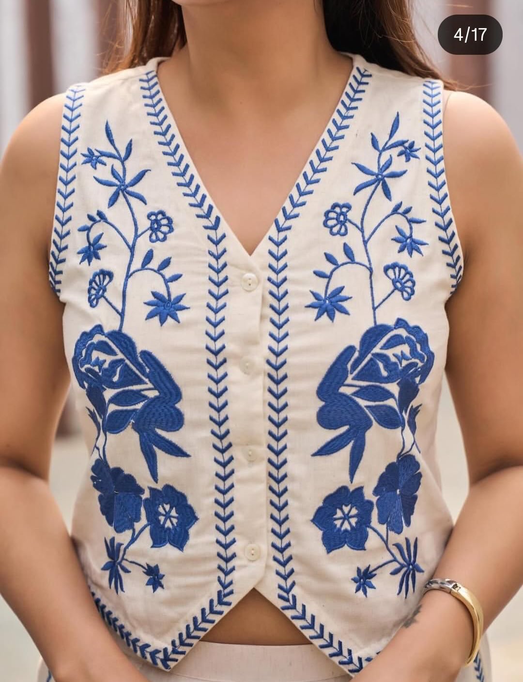 Cream Cotton Flex Embroidered Co-Ord Set