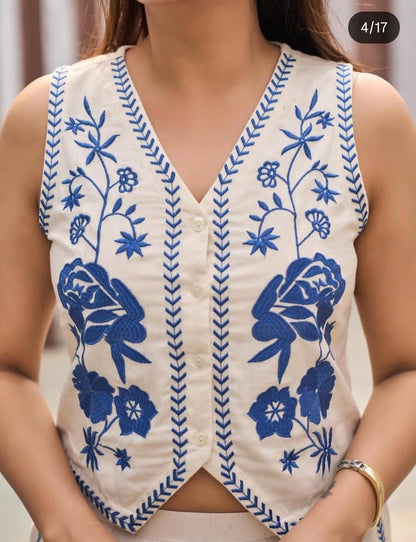 Cream Cotton Flex Embroidered Co-Ord Set