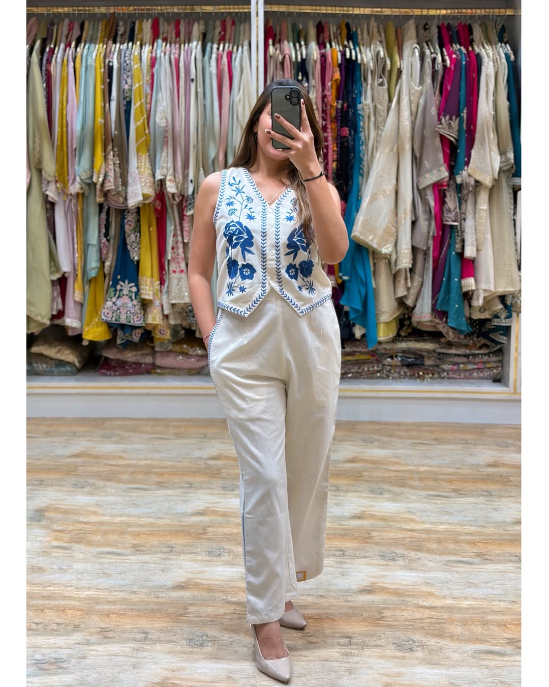 Cream Cotton Flex Embroidered Co-Ord Set