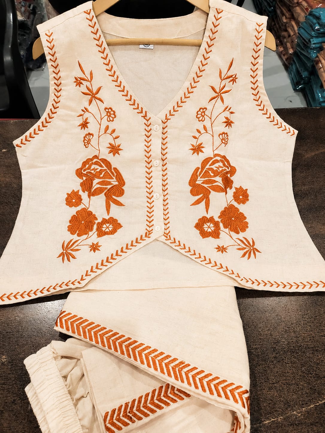 Cream Cotton Flex Embroidered Co-Ord Set