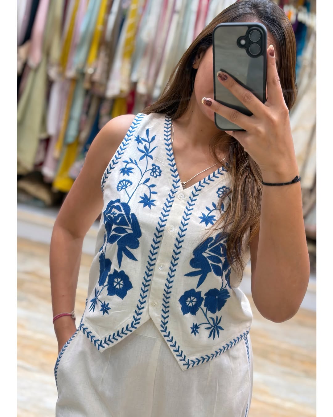 Cream Cotton Flex Embroidered Co-Ord Set