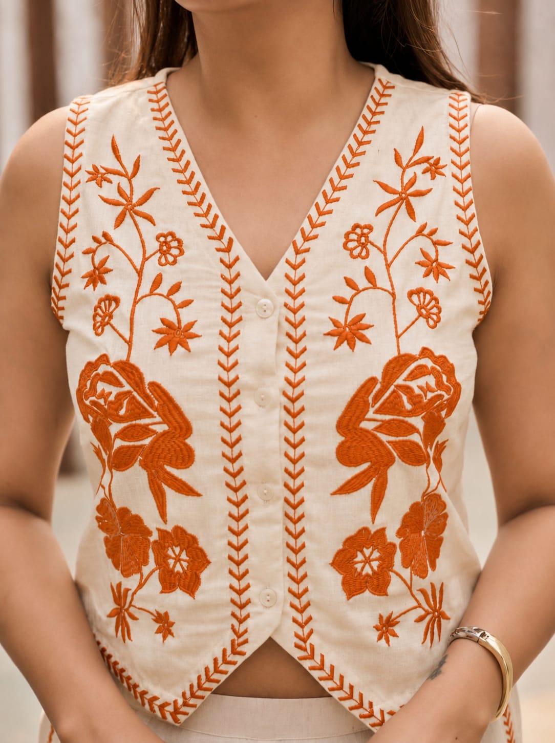 Cream Cotton Flex Embroidered Co-Ord Set