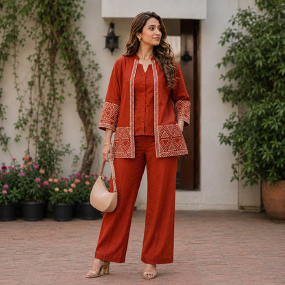 Cotton Flex Embroidered Three-Piece Co-Ord Set