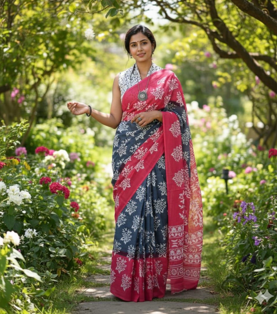 Handcrafted Jaipur Print Soft Cotton Mulmul Saree