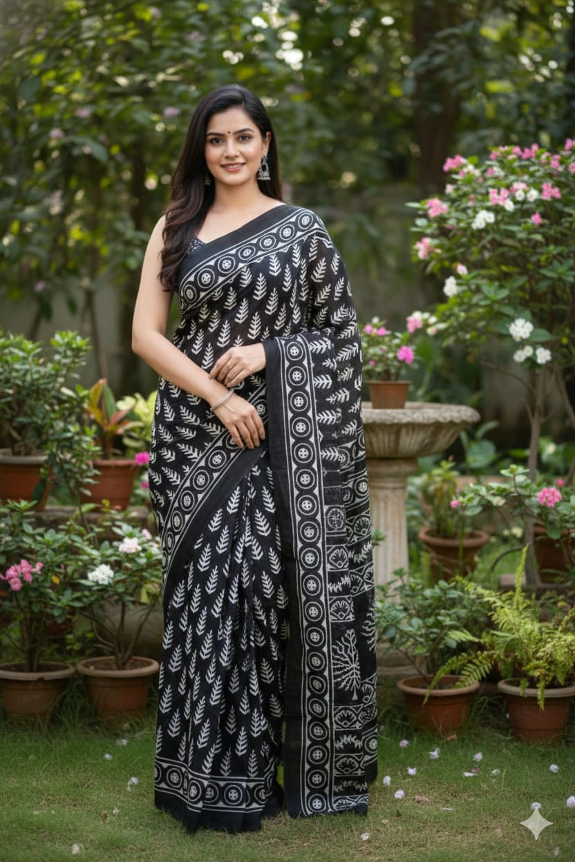 Handcrafted Jaipur Print Soft Cotton Mulmul Saree