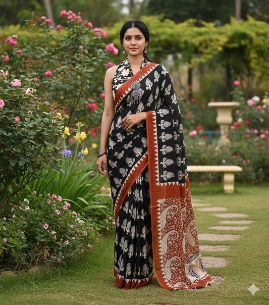 Handcrafted Jaipur Print Soft Cotton Mulmul Saree
