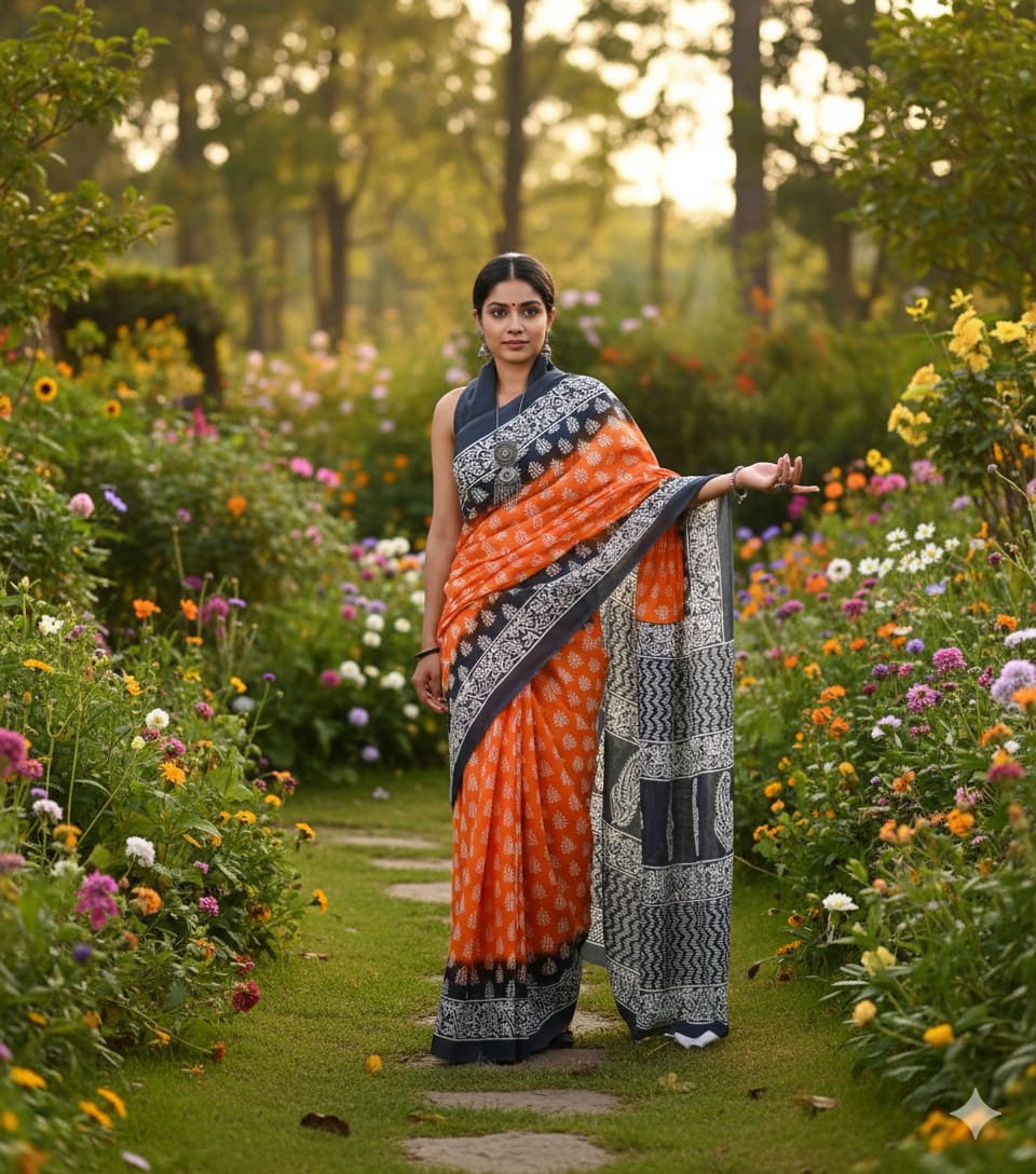 Handcrafted Jaipur Print Soft Cotton Mulmul Saree