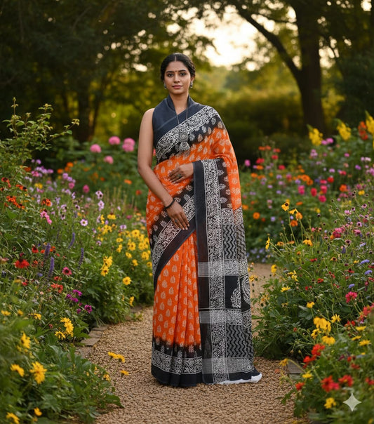 Soft Mulmul Cotton Saree with Jaipuri Ethnic Print