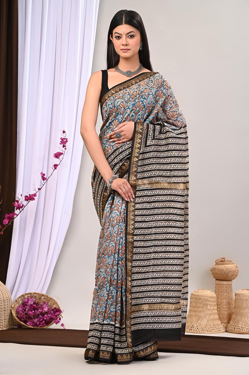 Golden black  Flower Ajrak Print Sarees