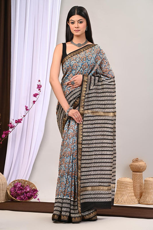 Golden black  Flower Ajrak Print Sarees