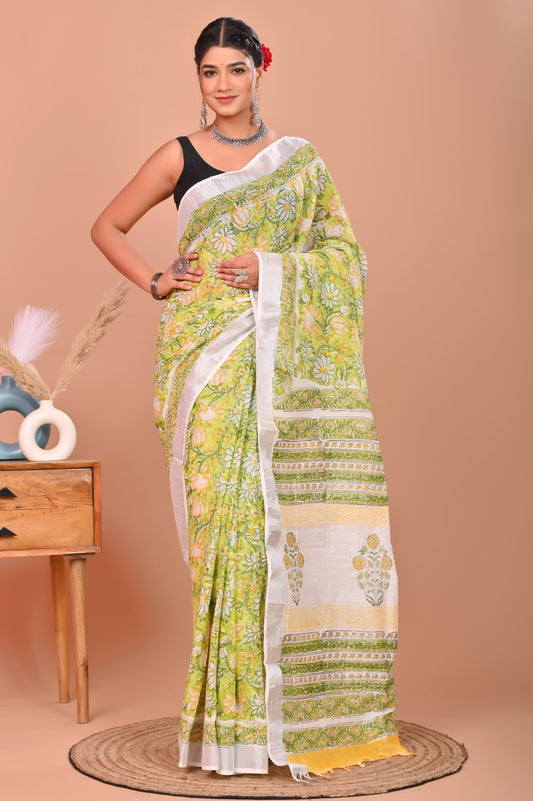 Bagru Hand Block Printed Saree In Linen Cotton With Blouse Piece
