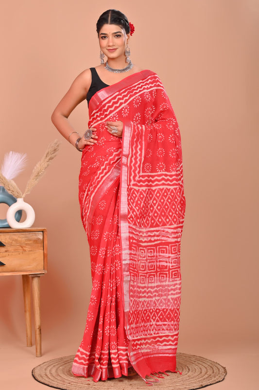 Bagru Hand Block Printed Saree In Linen Cotton With Blouse Piece